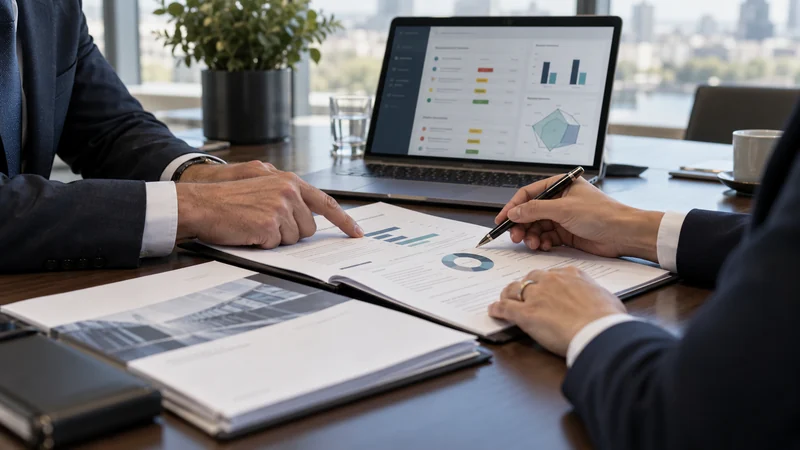Two advisers reviewing acquisition documents and a cyber-risk assessment