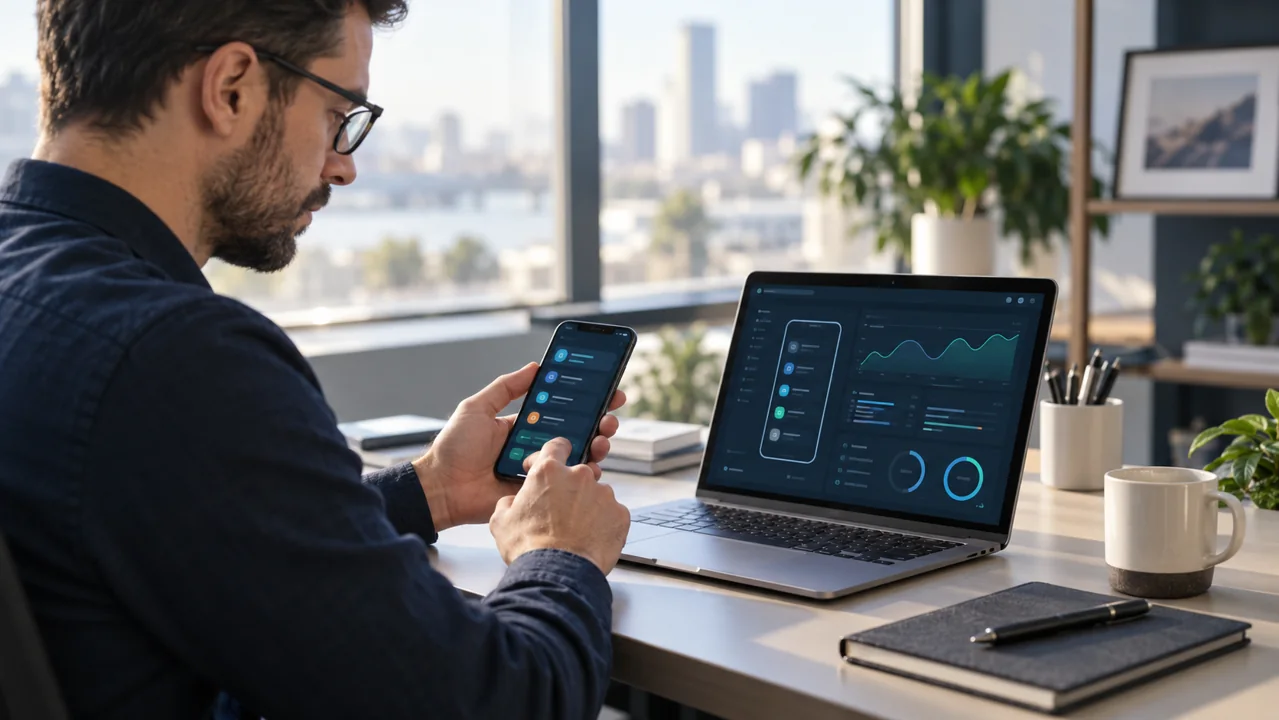 Illustrative photo of a specialist assessing a smartphone application alongside a laptop