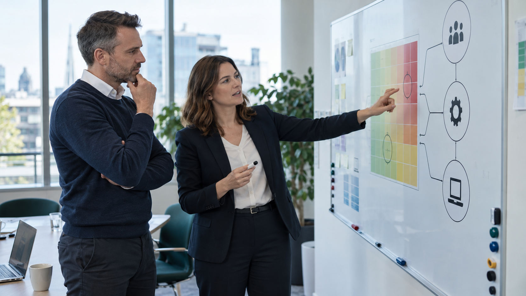 Analysts reviewing cyber risk exposure using a risk matrix